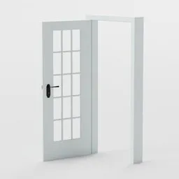 High-quality 3D rendering of a white glass panel door with black handle, optimized for Blender use.