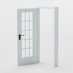 "Interior door with glass panels and iron handles on a white wall - 3D model in Blender 3D. Photorealistic symmetrical design with elegant white furniture and clear refined details."