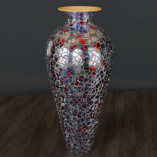 Reflective 3D mosaic textured vase model created with Blender, showcasing intricate procedural materials.