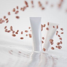 3D modeled blank cosmetics tubes with floating coffee beans, customizable materials and design for product visualization.