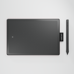 "3D model of the Wacom One drawing tablet for Blender 3D software. Close-up shot of the tablet and pen, with professional product styling by Dirck van der Lisse. Based on the work of artists such as Wlop and Tuomas Korpi, featuring a black canvas and large dark gradients."