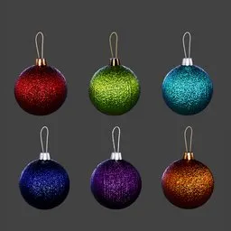 "Colorful and shiny toys for the Christmas tree created in Blender 3D. Perfect for decorating any New Year's environment with their glittery, dark rainbow nimbus and five dark tone colors. These ornaments will add a pop of color and holiday cheer to your 3D designs."