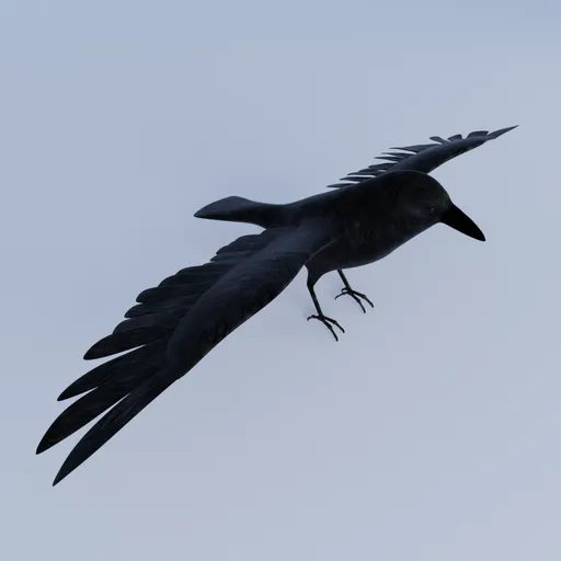 Detailed low poly 3D raven in flight with intricate feather texture, created for Blender with a complete UV map layout.