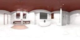 360-degree HDR panorama of a modern marble bathroom with natural lighting for realistic scene illumination.