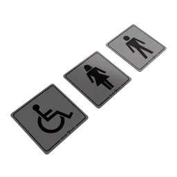 "Isometric bathroom sign set for Blender 3D - featuring man, woman, and wheelchair designs on a dark background. Ideal for communication-themed projects in 3D modeling. Includes light greyscale, running lights, and sticker designs."