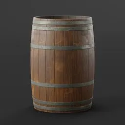 Detailed wooden barrel 3D model with high-resolution textures, ideal for Blender 3D projects.
