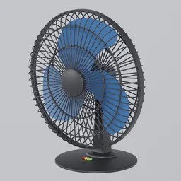 Highly detailed Blender 3D model of a modern black desk fan with blue blades and realistic textures for interior rendering.