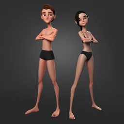 Two stylized 3D characters posed back-to-back, featuring 4K textures and rigging suitable for various Blender animation projects.