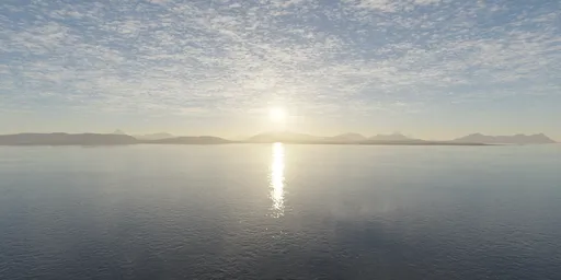 360-degree HDR panorama for virtual lighting featuring a serene sunset with reflective water and distant mountains.
