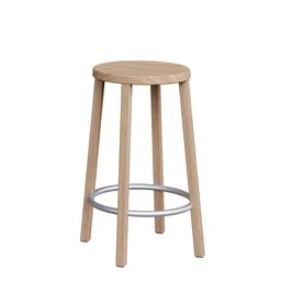 3D rendered model of stylish wooden bar stool with circular metal support, suitable for Blender.