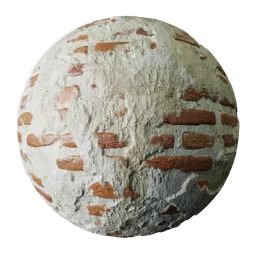 High-detail PBR Blender material of weathered brick under peeling plaster, with bump mapping and realistic texture.