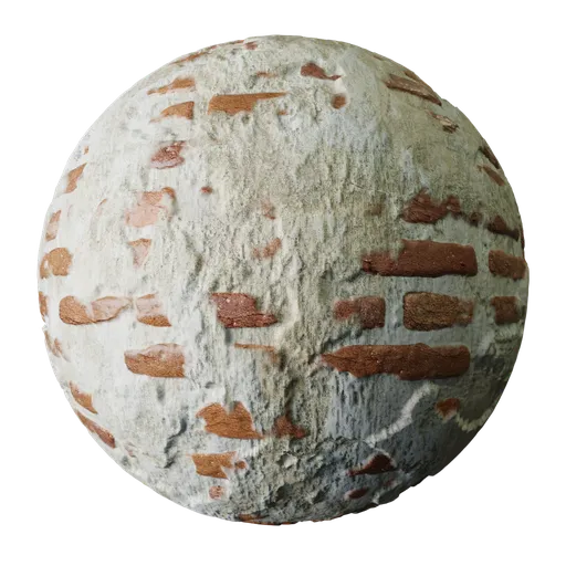 High-detail PBR Blender material of weathered brick under peeling plaster, with bump mapping and realistic texture.