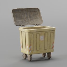 "Highly detailed yellow plastic dumpster with lid and wheels, suitable for Blender 3D. Perfect for realistic trash models and industrial container scenes. Renders in Unreal Engine 5 quality, offering a realistic portrayal of scattered rubbish and dirt texture."