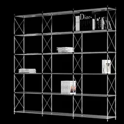 Realistic Blender 3D model of metal shelving unit with books, optimized for interior design visualization.