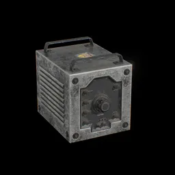 "Highly detailed military tuner 3D model for Blender 3D software with portable generator, vintage fridge, and authentic William Gear-inspired design. This equipment category model features PBR materials, realistic coal texture, and cel-shaded aesthetics. Explore the world of Tarkov with this unique 64x64 model, including capacitors and an SCP anomalous object."