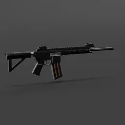 "3D model of Mk116 USA equipment for Blender 3D software, perfect for game assets and video animation. The rifle features a black design with a wooden barrel, made in 2019, and includes alternate art. Ideal inventory item for symmetrical scenes and robberies."