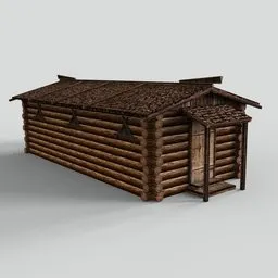 "Realistic wooden barn 3D model for Blender 3D, ideal for creating ancient Russian fortresses. Highly detailed texture and design suitable for long and medium distance usage in video game development and architectural visualizations."