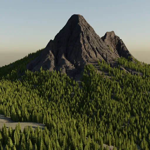 Detailed Blender 3D mountain terrain with customizable alpha trees for scenic backgrounds.