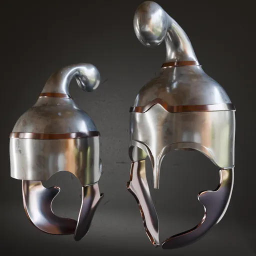 3D model of a realistic, metallic ancient helmet with detailed anatomy and shoe belt features for Blender.