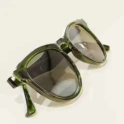 "Green plastic Round Sunglasses 3D model for Blender 3D. Inspired by Mario Sironi, this sixties style accessory is perfect for any solar punk product photo. Featuring a 2D side view, olive green color, and reflection of light on white surface, these sunglasses are a must-have for any clothing accessories collection."