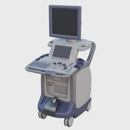 Detailed 3D render of a generic ultrasound machine with monitor, keyboard, and wheels, compatible with Blender 3D.