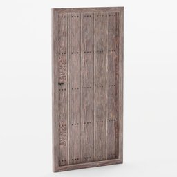 "Medieval low-poly game asset 3D model of a wooden door with metal latch in Blender 3D. Highly detailed with intricate tropical wood design and rosen zulu. Perfect for creating moat scenes in 16:9 aspect ratio."