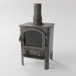 "Rustic Wood Stove 3D model for Blender 3D: A beautifully textured fireplace with a small stove and chimney, featuring a blue-grey gear, woodlathe design, and gray mottled skin. The mesh includes non-applied bevel modifiers and is textured with Substance for added realism."