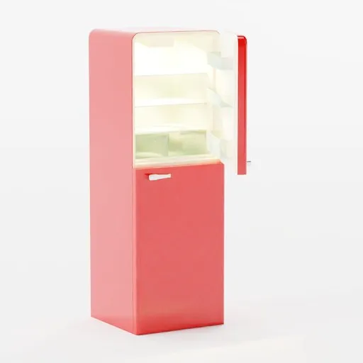Red 3D Blender refrigerator model with open door, showing shelves, designed for kitchen appliance renderings.