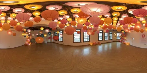 Vibrant lantern-filled room HDR image for scene lighting, 4K texture, warm ambient glow.