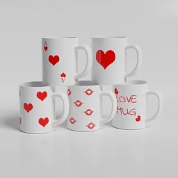 Set of 3D-rendered coffee mugs with Valentine's Day designs, hearts and love motifs, for Blender 3D.