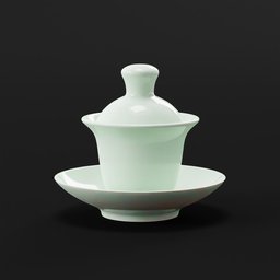 "Tableware set featuring a white cup and saucer on a black background. This 3D model, inspired by Cao Buxing, showcases intricate details with a top lid and high-poly design. Perfect for Blender 3D enthusiasts seeking a realistic and elegant addition to their projects."