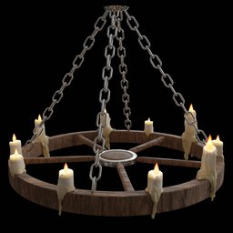 3D-rendered Blender chandelier model featuring lit candles and metal chains against a dark backdrop.