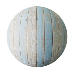 High-quality seamless PBR texture of faded blue painted wood planks, ideal for 3D modeling and rendering.