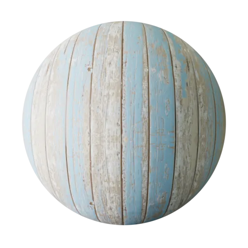 High-quality seamless PBR texture of faded blue painted wood planks, ideal for 3D modeling and rendering.