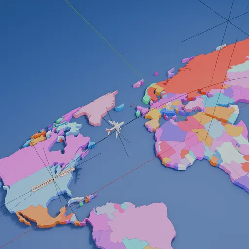3D Blender model of airplane flying over stylized map for animation template.