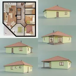 "Low poly family bungalow 3D model with interior furniture and lighting in Blender 3D software. Soft atom model with cel-shaded and well-rendered design, featuring green square and 3D shadowing effect."