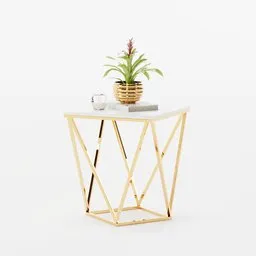 Elegant 3D-rendered side table with golden frame and decorative plant, Blender compatible, ideal for interior scenes.