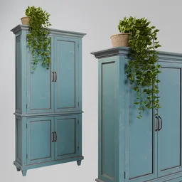 Detailed 3D-rendered rustic-style cabinet model with greenery decor, perfect for Blender interior design scenes.