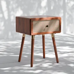 Wooden nightstand 3D model with cane detail and tapered legs rendered in Blender.