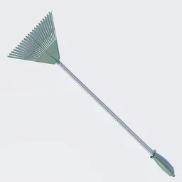 3D Blender model showcasing a green garden rake with plastic tines and steel handle, ideal for virtual landscaping.