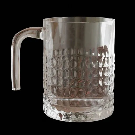 Detailed 3D model of a textured glass mug with handle, ideal for Blender 3D kitchen scenes.