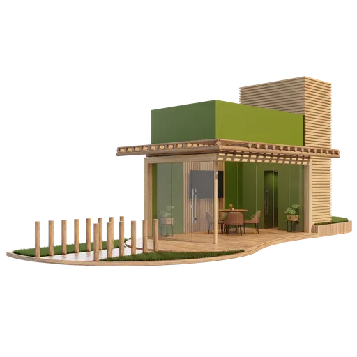 Detailed 3D model of a tropical-themed stand with outdoor seating, optimized for Blender rendering.