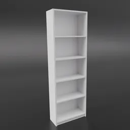 3D modeled white bookshelf with five shelves, minimalist design, suitable for Blender rendering and IKEA-inspired.