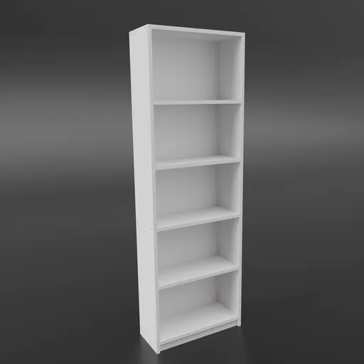 3D modeled white bookshelf with five shelves, minimalist design, suitable for Blender rendering and IKEA-inspired.