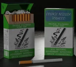 Detailed 3D model of a futuristic cigarette box with high-res textures, designed in Blender and Substance Painter.