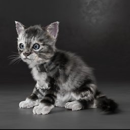 Realistic striped kitten 3D model with toon-like features, detailed fur texture, created in Blender.