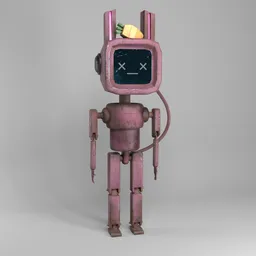 "Get the whimsical Scifi Pink Bunny Robot 3D model for Blender 3D. This anthropomorphic rabbit cyborg boasts a clock on its head and a banana in its mouth. Its friendly appearance and steampunk-inspired rusted steel design make it the perfect addition to your next project."