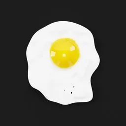 A photo-realistic 3D model of a fried egg placed on a black plate, created with Blender 3D software. The egg appears very crispy and is a perfect prop for kitchen tools or food-related projects. The solid black background adds contrast and highlights the details of the egg.