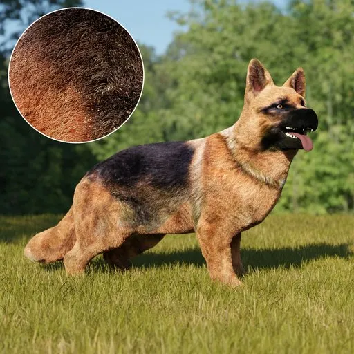 Medium poly rigged German Shepard 3D model with realistic fur texture, suitable for Blender animation and rendering.