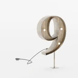 Detailed 3D model of a vintage-style marquee floor lamp shaped as the number 9 with illuminated bulbs and a textured wooden finish.
